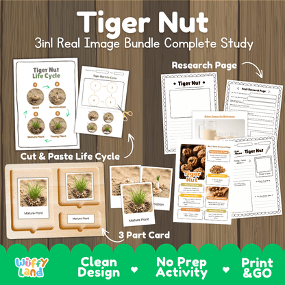 Complete Tiger Nut 3-in-1 real image study bundle featuring cut and paste worksheets, Montessori 3-part cards, and research pages 🌰🌱