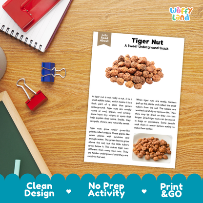 Tiger nut nonfiction reading passage for kids with comprehension questions and writing practice for classroom or homeschool learning