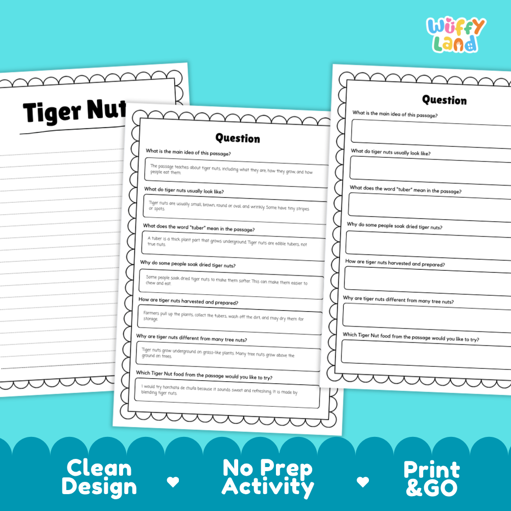 Printable tiger nut reading comprehension activity featuring an informational passage, student questions and answer key