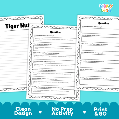Printable tiger nut reading comprehension activity featuring an informational passage, student questions and answer key
