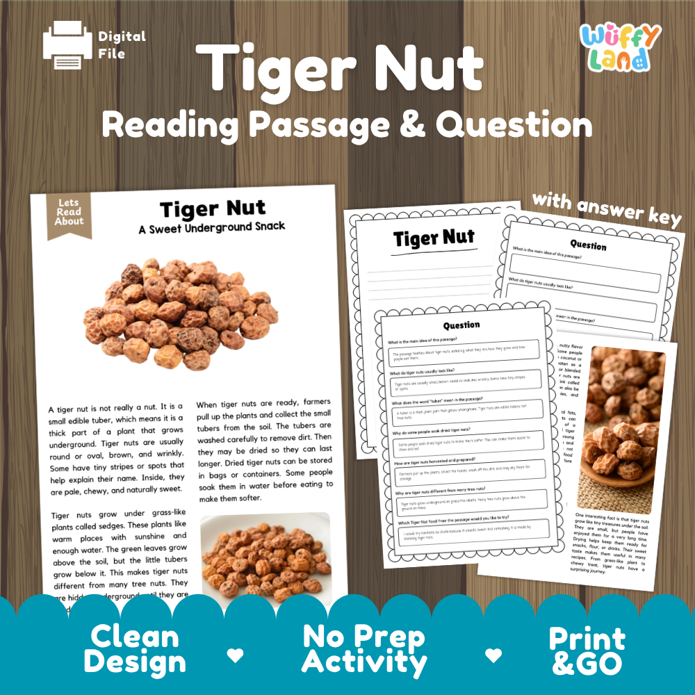 Tiger nut reading passage and comprehension worksheets with questions, writing activity and answer key for elementary students
