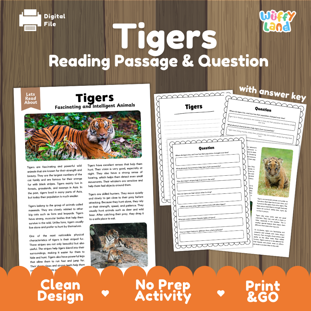 Digital reading activity sheet set for 'Tigers' featuring a reading passage, comprehension questions, and an answer key, displayed on a wood background with promotional text.