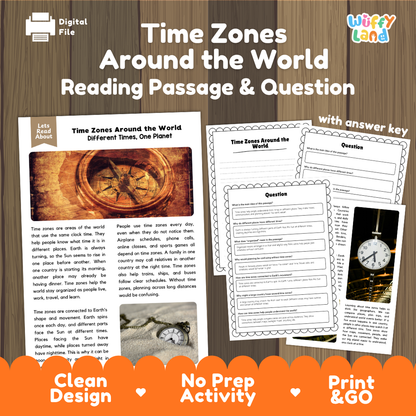 Time zones around the world reading comprehension passage and questions printable activity pack with answer key for elementary students