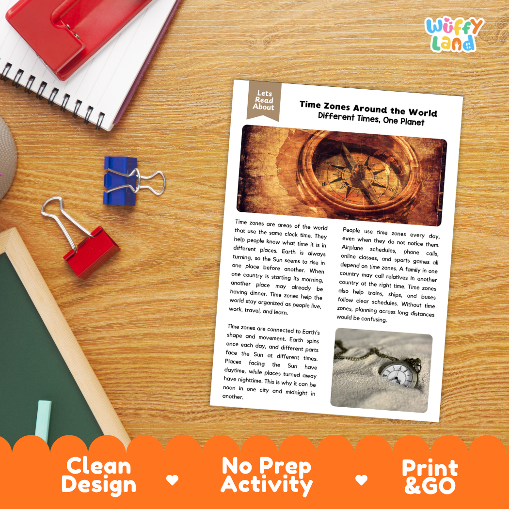 Student reading comprehension worksheet with short-answer questions and lined sections about time zones