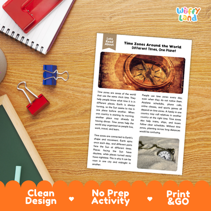 Student reading comprehension worksheet with short-answer questions and lined sections about time zones
