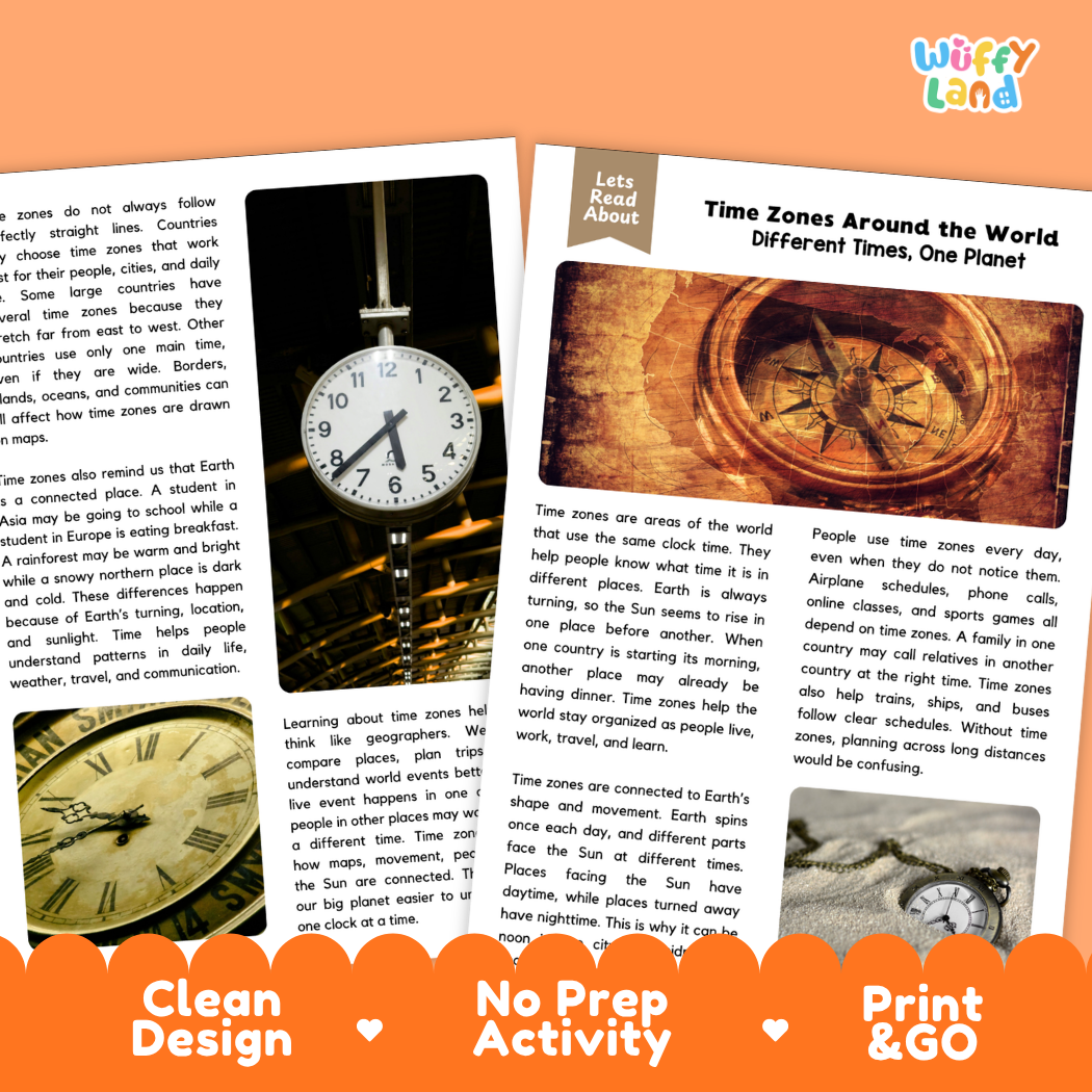 Teacher answer key page showing complete question solutions for time zones around the world reading comprehension practice