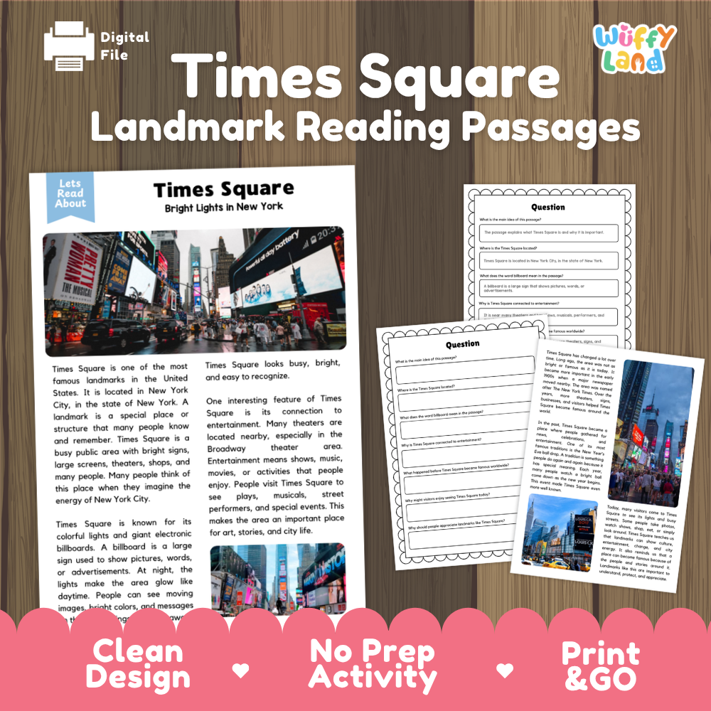 Digital reading activity bundle for Times Square in New York, featuring a main text passage, a 'Let's Read About' panel, a 'Questions' worksheet, and a 'Question' graphic. The layout is presented on a dark wood background with a pink banner at the bottom reading 'Clean Design', 'No Prep Activity', and 'Print & GO'.