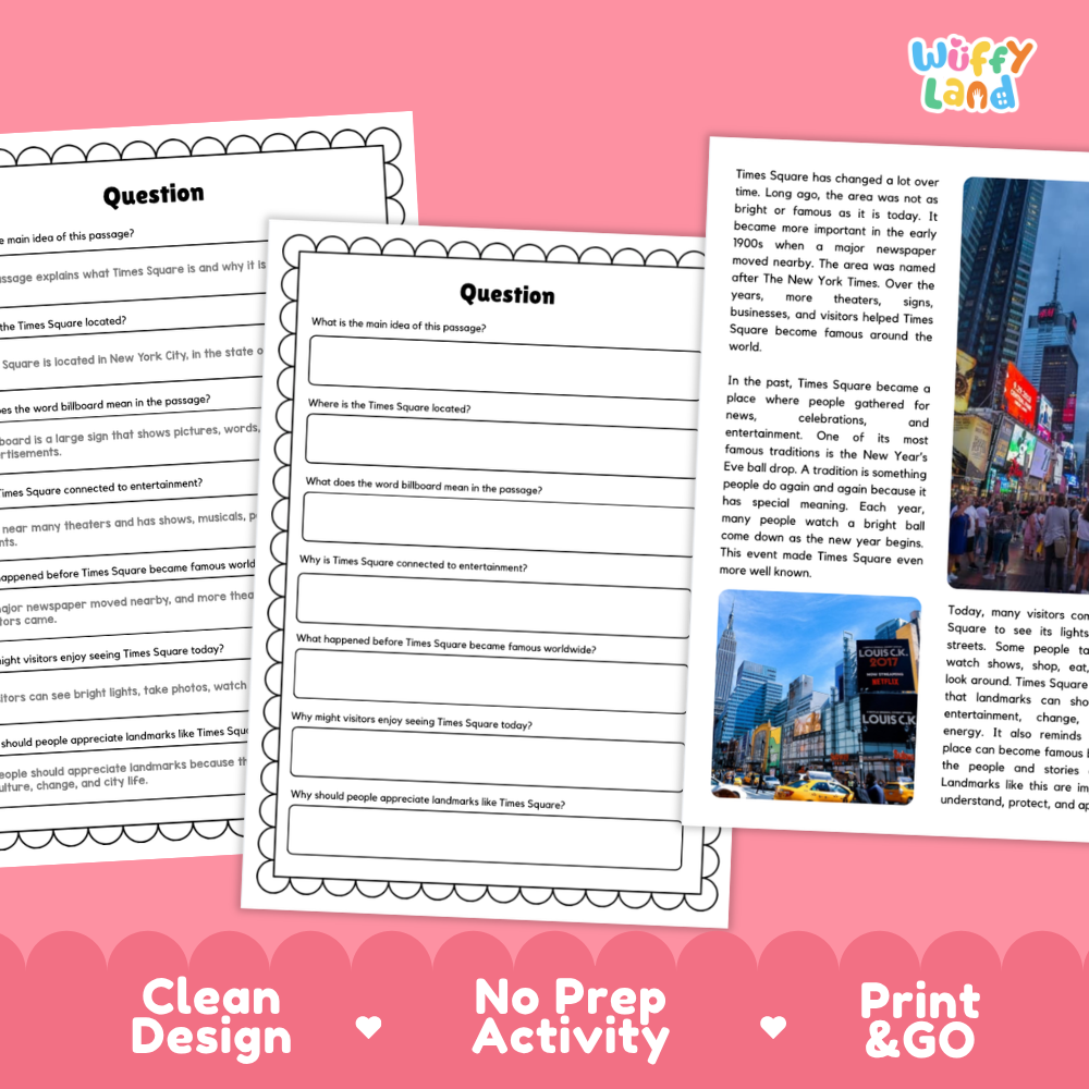Times Square Landmark Reading Passages and Comprehension Questions Worksheets