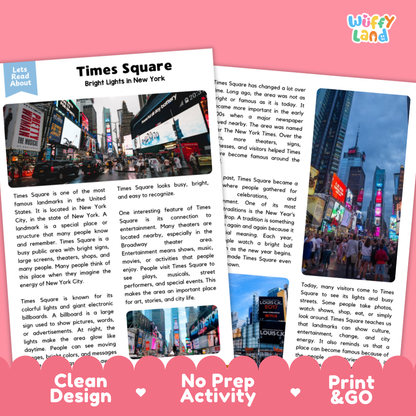 Two printed educational activity sheets about Times Square in New York, shown overlapping on a white background with a pink 'Wuffy Land' logo. The sheets feature text, photos of the Times Square at night, and colorful printed graphics.