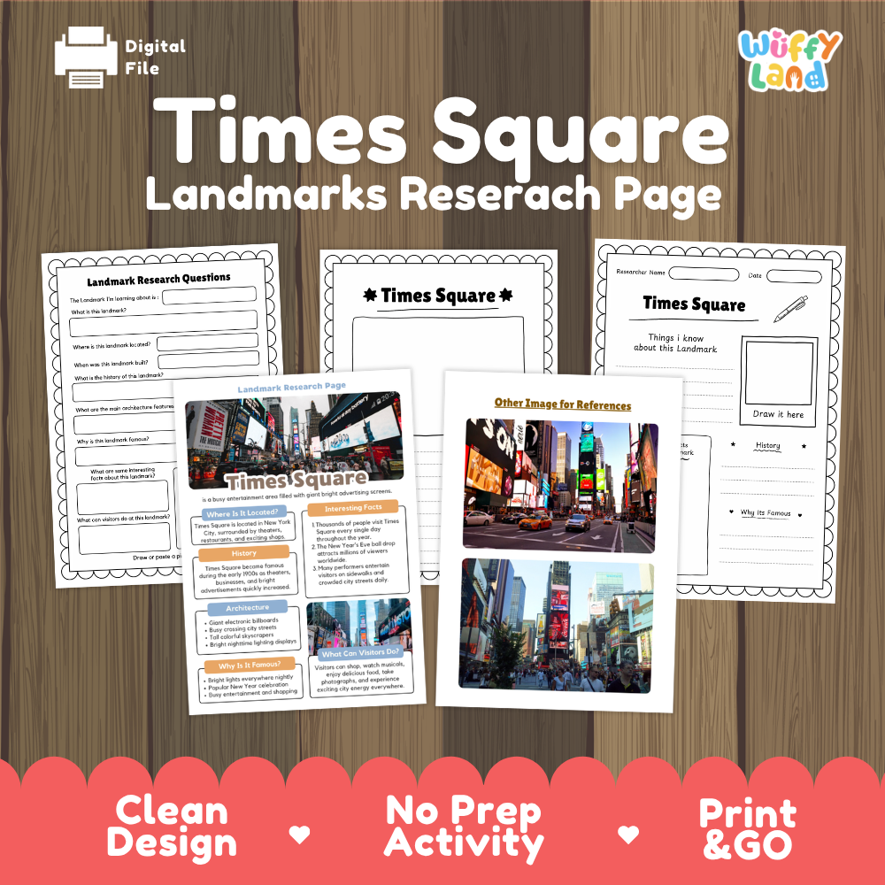 Times Square Landmarks Research Page digital download activity sheet set by Wiffy Land, displayed on a wood-grain background with a red banner at the bottom highlighting key features.