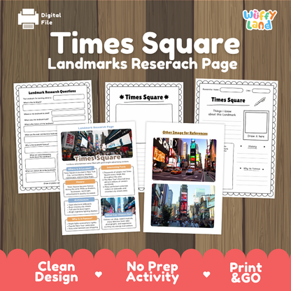 Times Square Landmarks Research Page digital download activity sheet set by Wiffy Land, displayed on a wood-grain background with a red banner at the bottom highlighting key features.