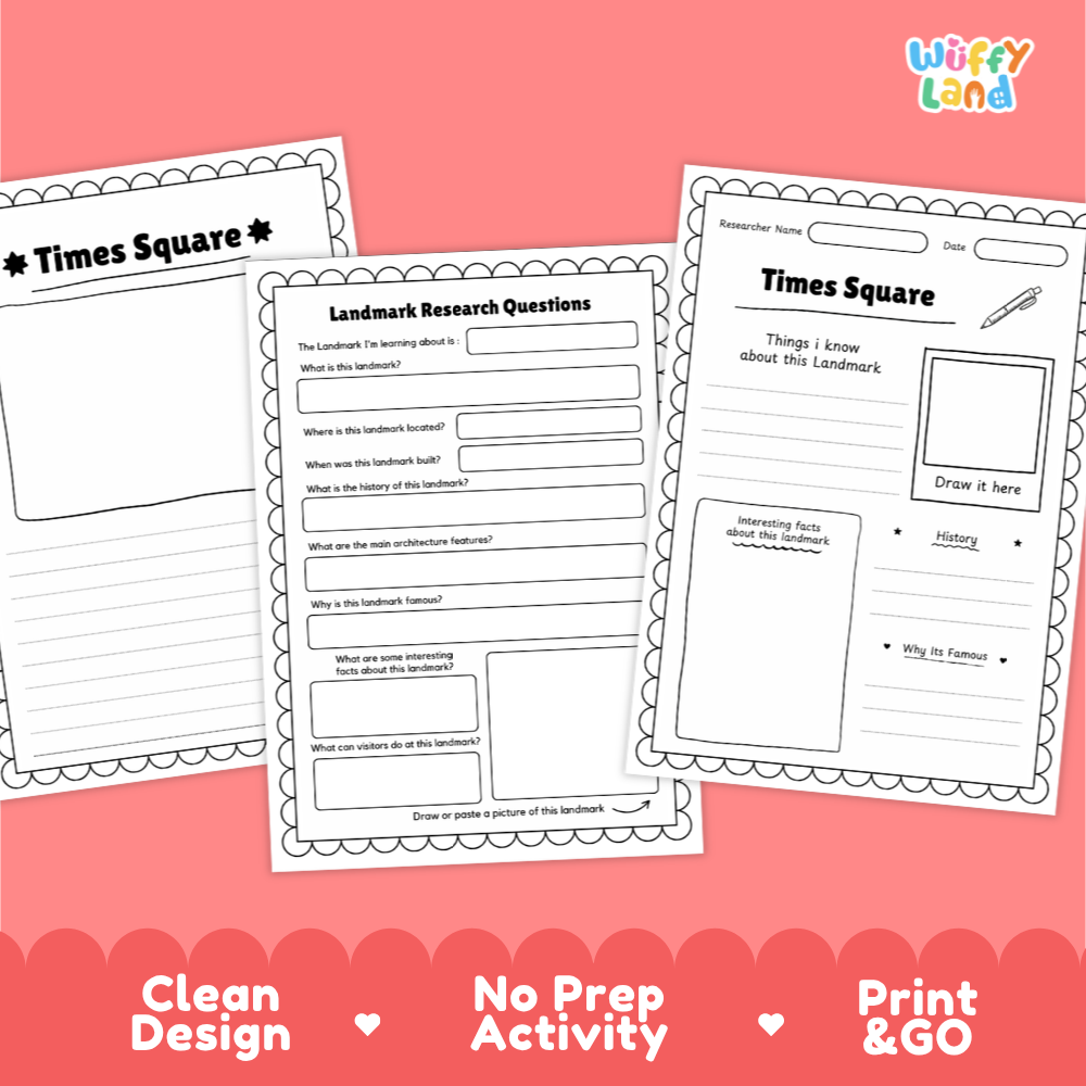 Three printable worksheet pages for a Times Square research activity, shown on a pink background with the brand name Wiffy Land in the top right. The pages are white with black text and border lines, and the bottom has a pink banner with the text 'Clean Design', 'No Prep Activity', and 'Print & GO'.