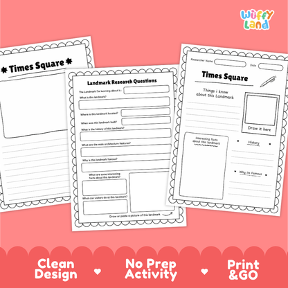Three printable worksheet pages for a Times Square research activity, shown on a pink background with the brand name Wiffy Land in the top right. The pages are white with black text and border lines, and the bottom has a pink banner with the text 'Clean Design', 'No Prep Activity', and 'Print & GO'.
