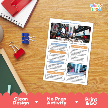 A printed Times Square landmark research page activity sheet laid on a wooden desk, surrounded by notebooks, binder clips, and a chalkboard. The sheet has colorful text boxes, a city photo, and the title 'Times Square.