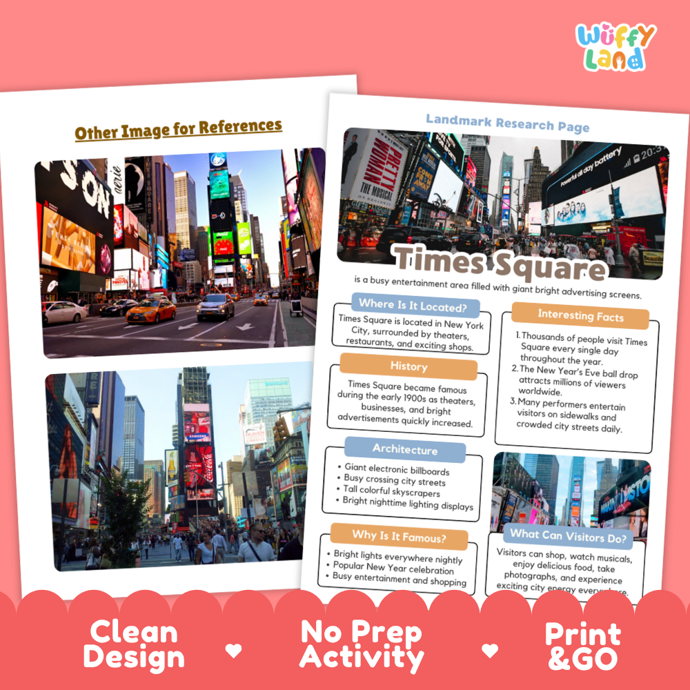 A printed educational poster about Times Square designed for a 'Clean Design' and 'No Prep Activity' printable bundle. The poster features a colorful layout with text boxes, a timeline, and a map, alongside two reference photographs of Times Square at the top.