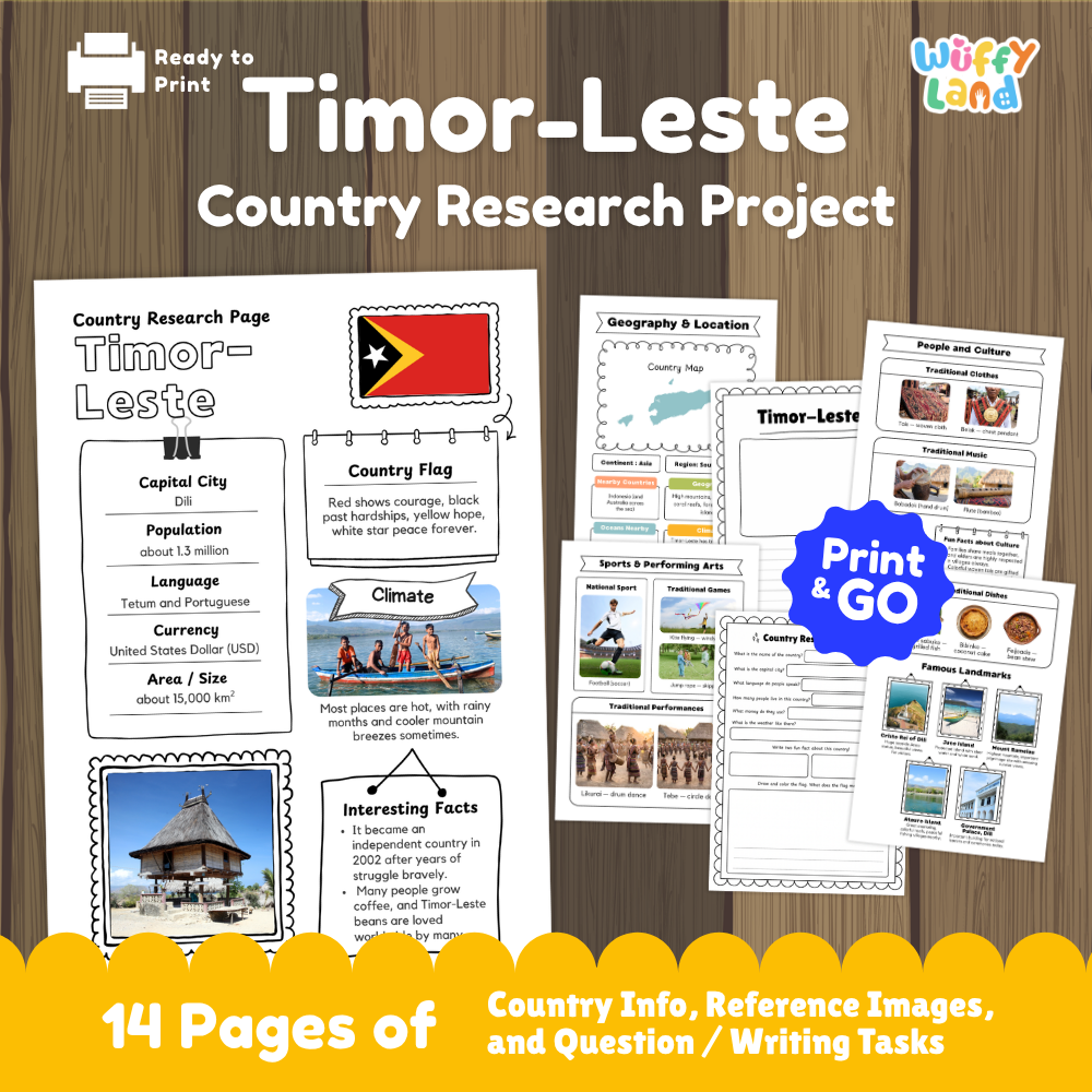 Student country research worksheet on Timor-Leste featuring national flag, Dili capital facts, climate, and geography map