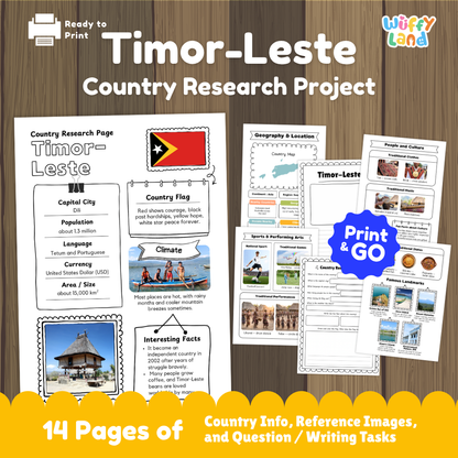 Student country research worksheet on Timor-Leste featuring national flag, Dili capital facts, climate, and geography map
