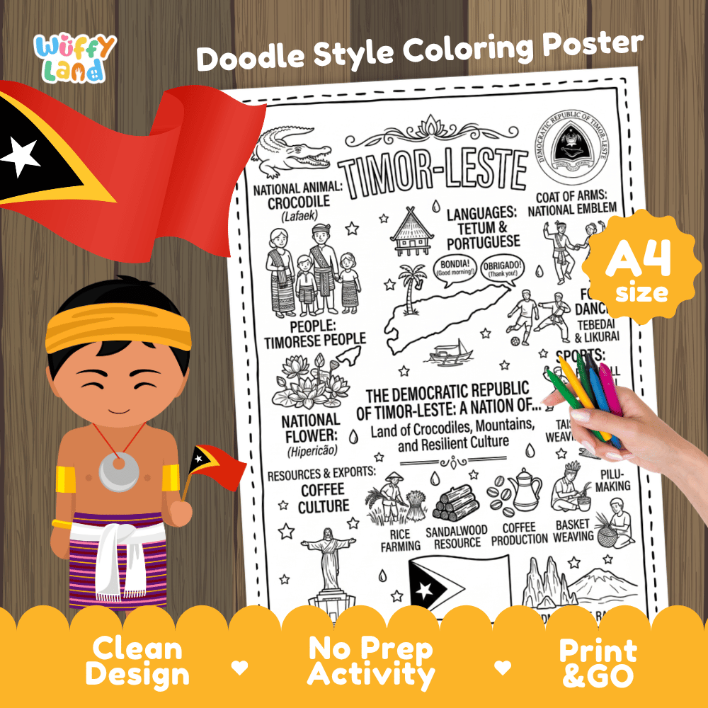 Timor-Leste country study doodle style coloring poster printable page featuring map, Cristo Rei, and cultural symbols