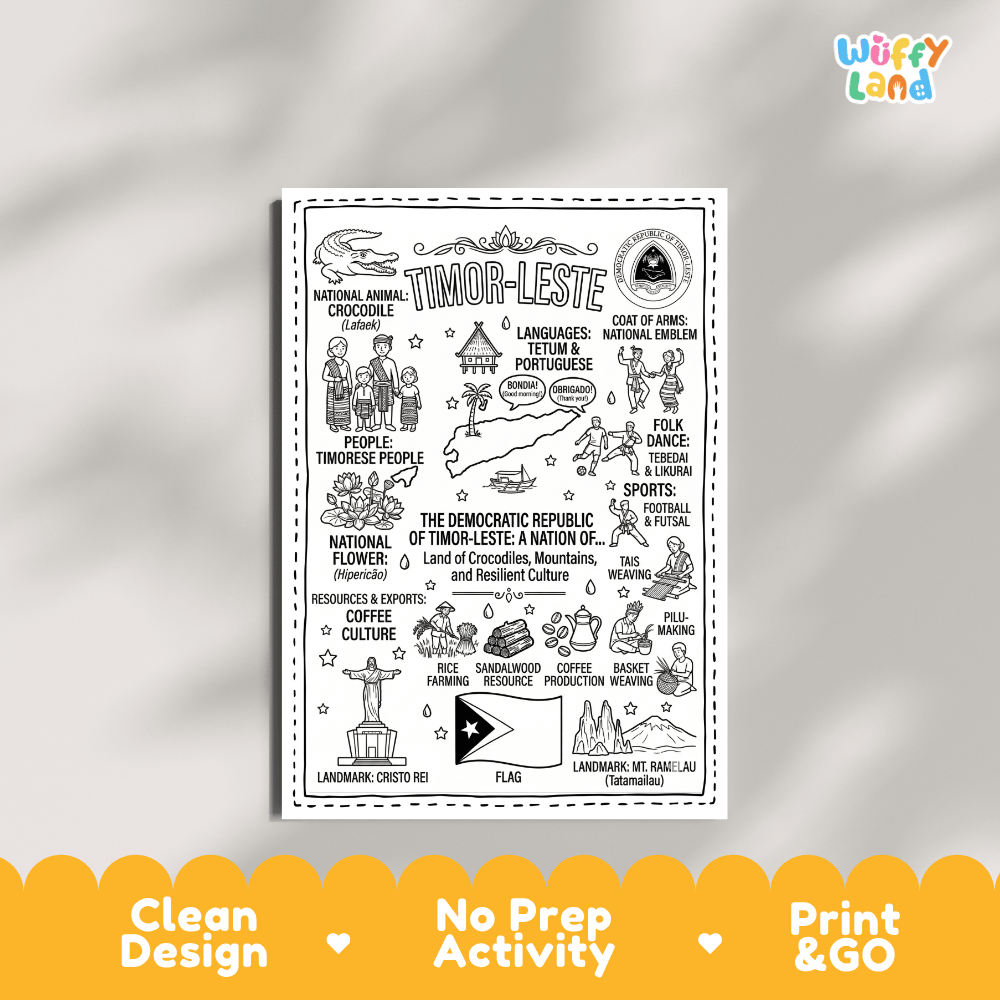 Educational activity coloring page highlighting Timor-Leste Crocodile Lafaek, Hipericao flower, and national flag