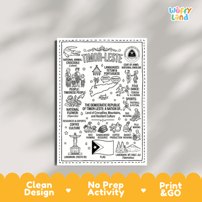 Educational activity coloring page highlighting Timor-Leste Crocodile Lafaek, Hipericao flower, and national flag