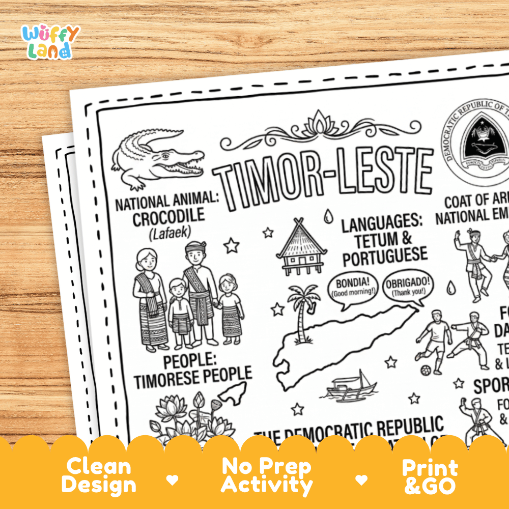 Cultural coloring page featuring traditional Timorese dress, Likurai dance, Tais textile weaving, coffee culture, and Bondia greeting