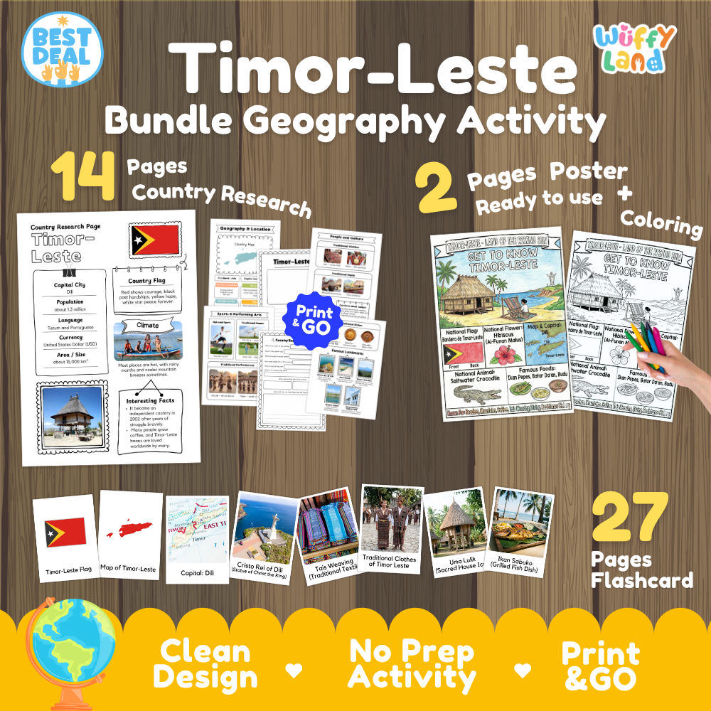 Timor-Leste geography activity bundle cover showing 14 country research pages, 2 ready to use coloring posters, and 27 photo flashcards