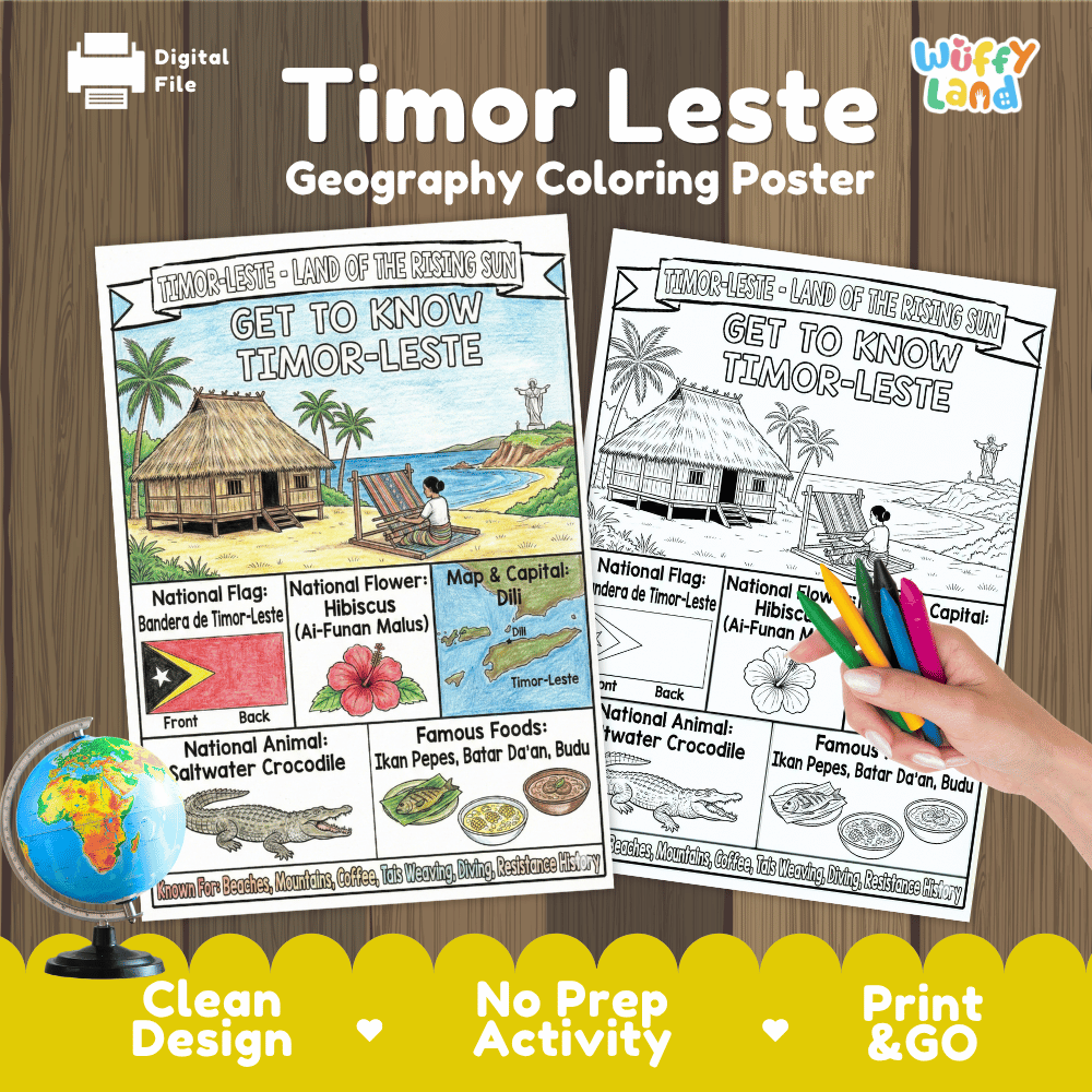 Timor-Leste Geography Coloring Poster and Fact Sheet Printables