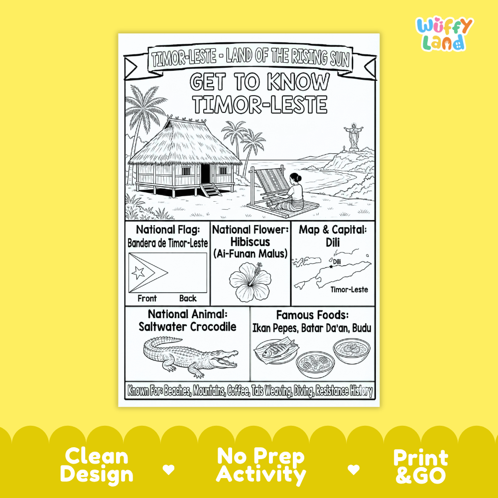 Timor-Leste Geography Coloring Poster and Fact Sheet Printables