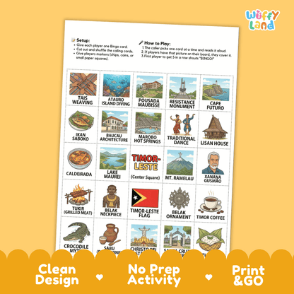 Timor Leste Geography BINGO Game Southeast Asia Country Study Activity Printable Boards