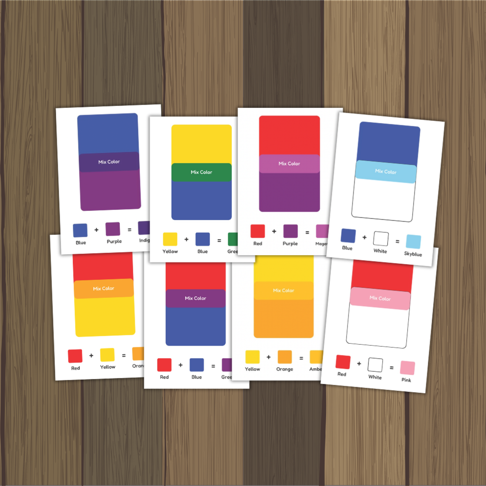 Color mixing cards featuring red plus white equals pink and blue plus white equals skyblue alongside tertiary amber and indigo cards