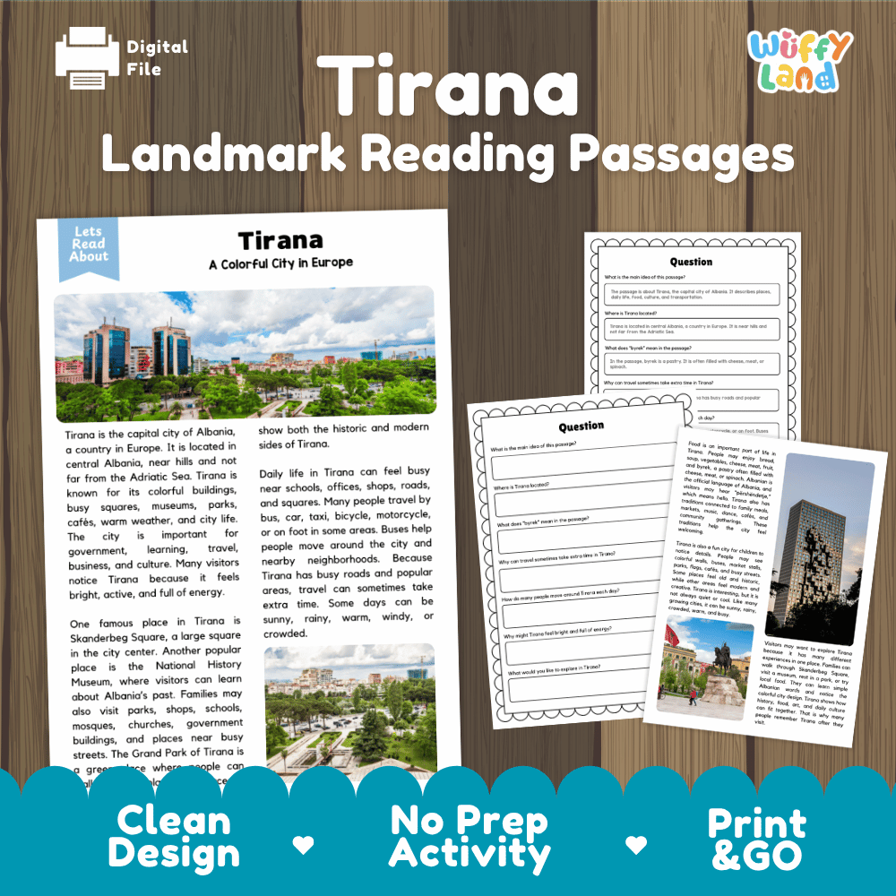 Tirana landmark reading passage and comprehension worksheet educational unit featuring nonfiction text and authentic Tirana Albania colorful city photography