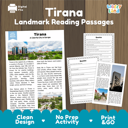 Tirana landmark reading passage and comprehension worksheet educational unit featuring nonfiction text and authentic Tirana Albania colorful city photography
