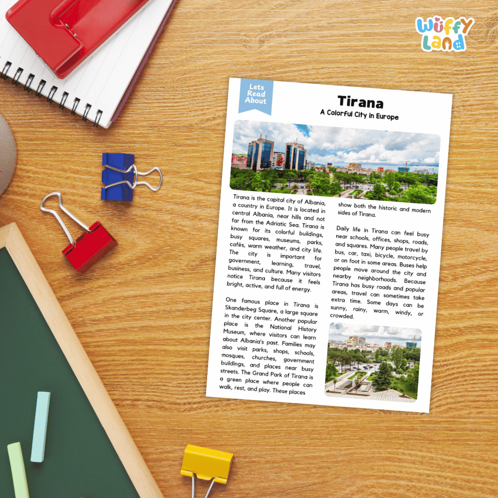 Lined reading comprehension question worksheet covering main ideas vocabulary terms and landmark facts about Tirana Albania