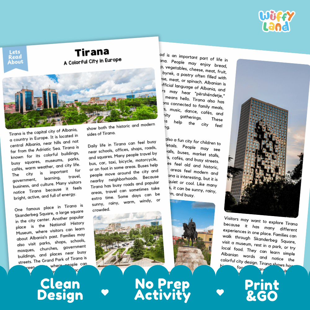 Reference sheet and answer key for Tirana landmark reading passage displaying completed comprehension answers and European geography facts