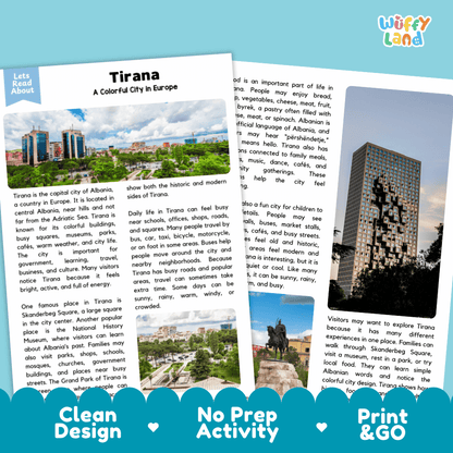 Reference sheet and answer key for Tirana landmark reading passage displaying completed comprehension answers and European geography facts