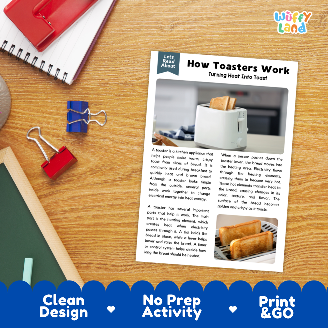 Printable student worksheet with short-answer reading comprehension questions covering toasters and electrical appliances