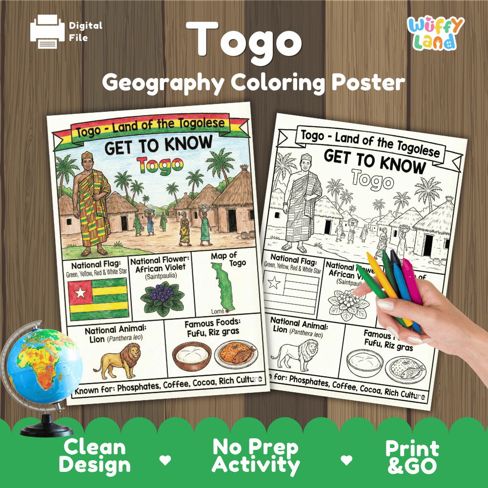 Togo Geography Coloring Poster and Fact Sheet Printable Worksheets