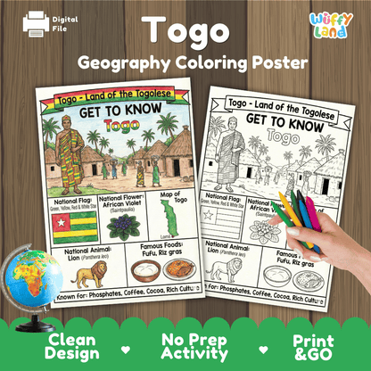 Togo Geography Coloring Poster and Fact Sheet Printable Worksheets