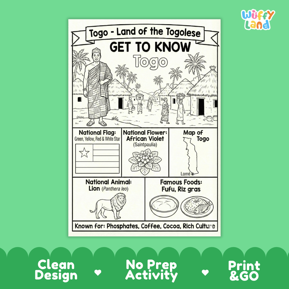 Togo Geography Coloring Poster and Fact Sheet Printable Worksheets