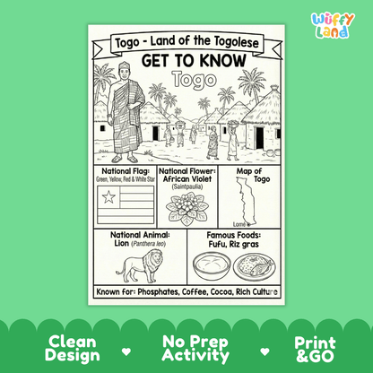 Togo Geography Coloring Poster and Fact Sheet Printable Worksheets