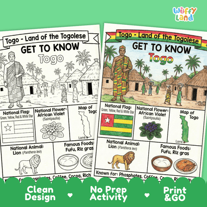 Togo Geography Coloring Poster and Fact Sheet Printable Worksheets
