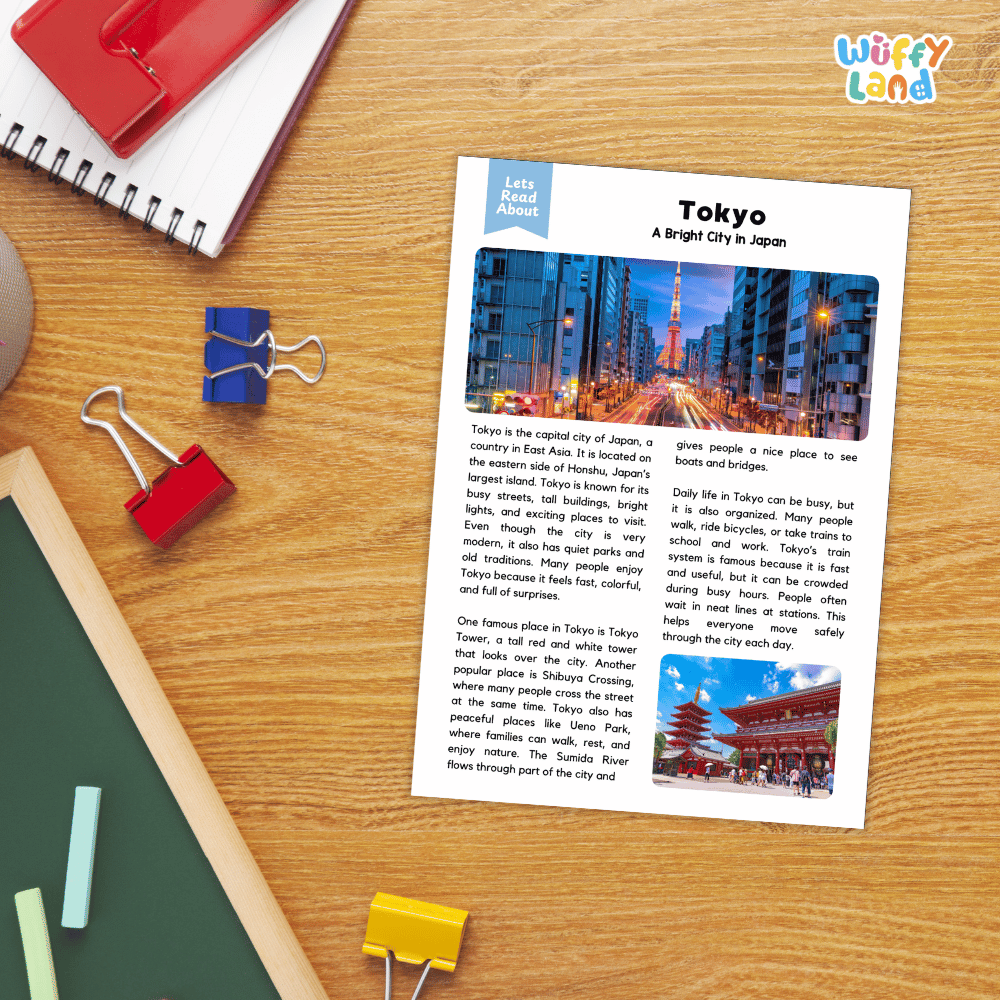 Lined reading comprehension question worksheet covering main ideas vocabulary terms and landmark facts about Tokyo Japan