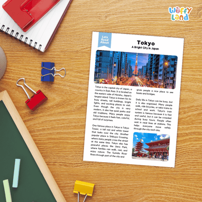 Lined reading comprehension question worksheet covering main ideas vocabulary terms and landmark facts about Tokyo Japan