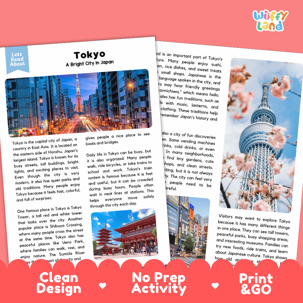 Reference sheet and answer key for Tokyo landmark reading passage displaying completed comprehension answers and East Asian geography facts
