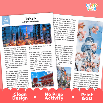 Reference sheet and answer key for Tokyo landmark reading passage displaying completed comprehension answers and East Asian geography facts