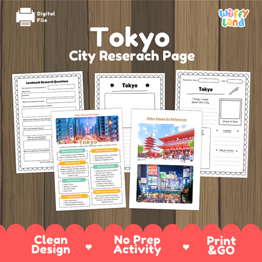 Digital preview of a Tokyo city research page activity sheet set on a wood background, with the title 'Tokyo City Researach Page' and the brand name 'Wiffy land' visible. The image shows several printable worksheet pages and two activity sheets with photos of Tokyo landmarks, plus marketing text along the bottom.