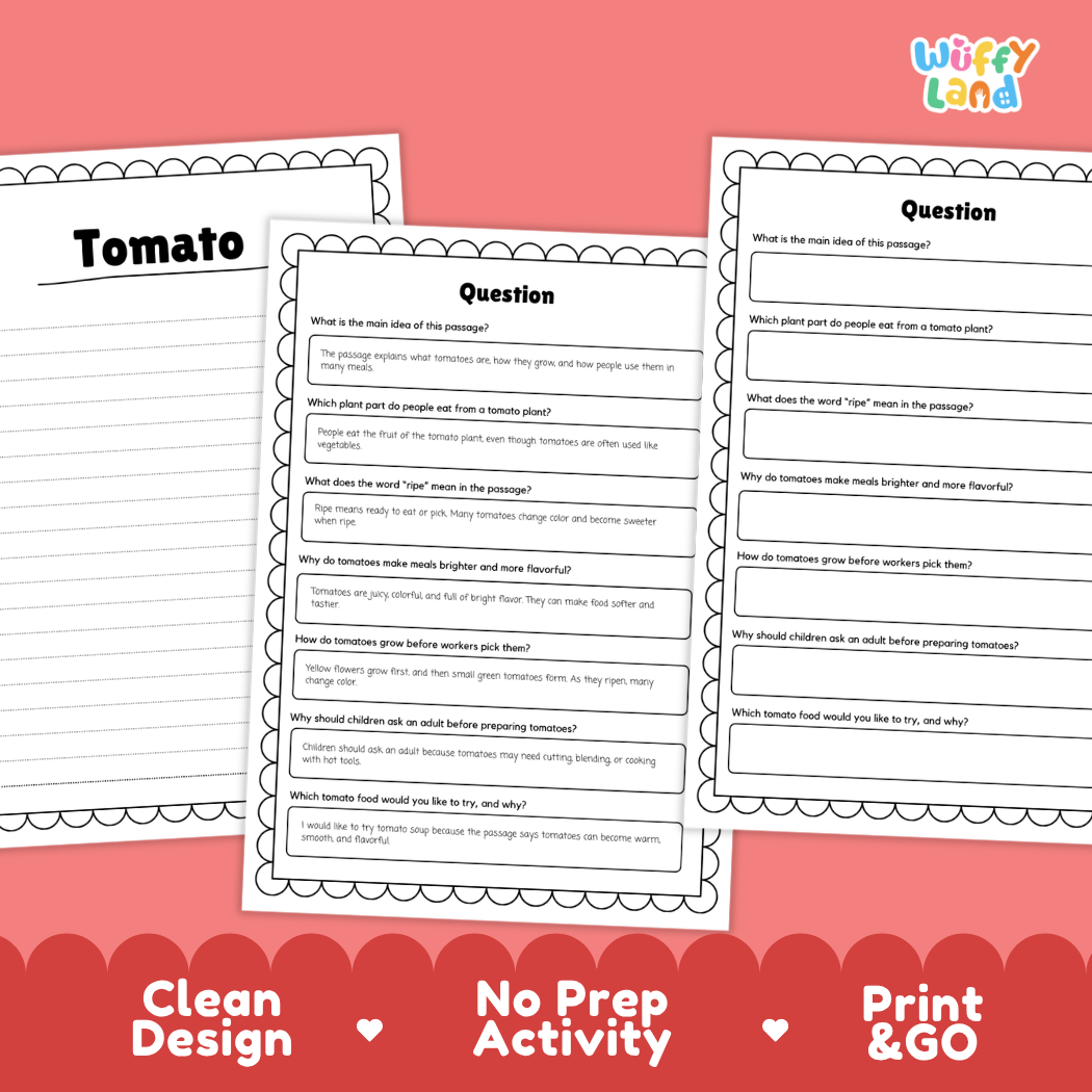 Informational reading passage page detailing tomato fruit anatomy ripening stages plant growth and cooking uses with photos