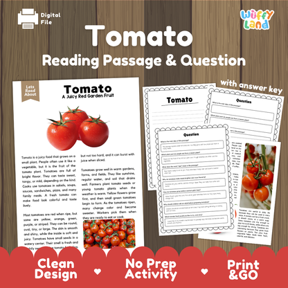 Tomato reading comprehension passage and questions printable activity pack with answer key for elementary students