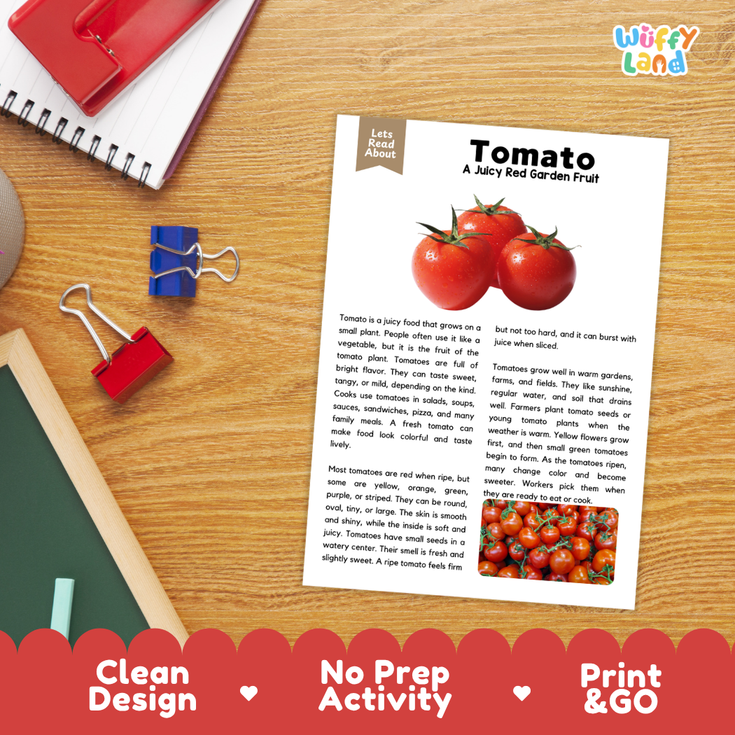 Student reading comprehension worksheet with short-answer questions and lined sections about tomato vegetables