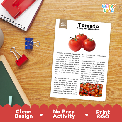 Student reading comprehension worksheet with short-answer questions and lined sections about tomato vegetables